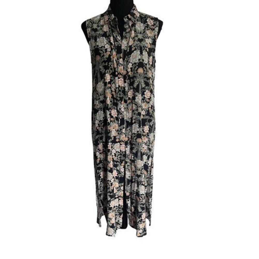 Zara Black Floral Print Button Front Midi Dress - xs